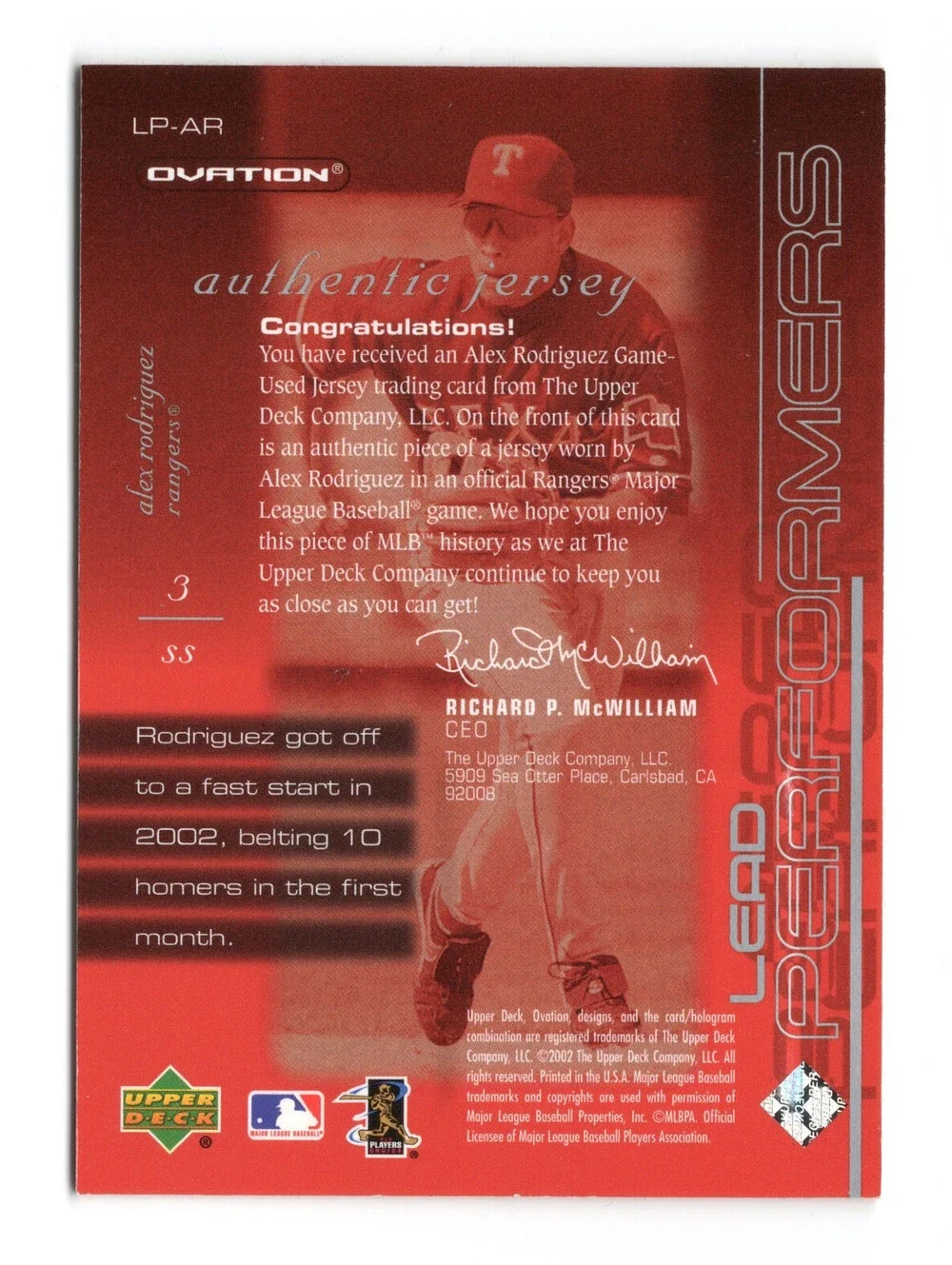2002 Upper Deck Ovation Lead Performers Jerseys Alex Rodriguez relic patch